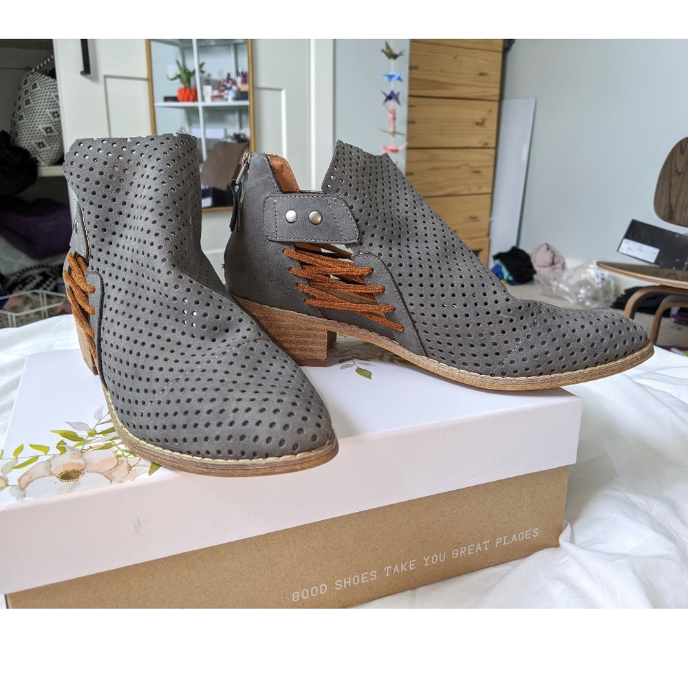 gray lasercut leather booties